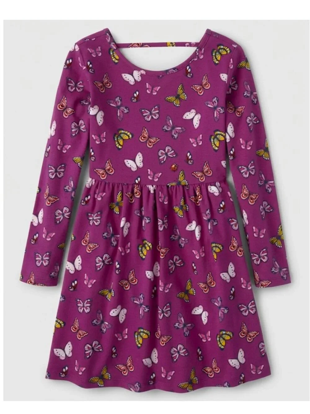 Girls Butterfly Print Long Sleeve Everyday Dress - burgundy